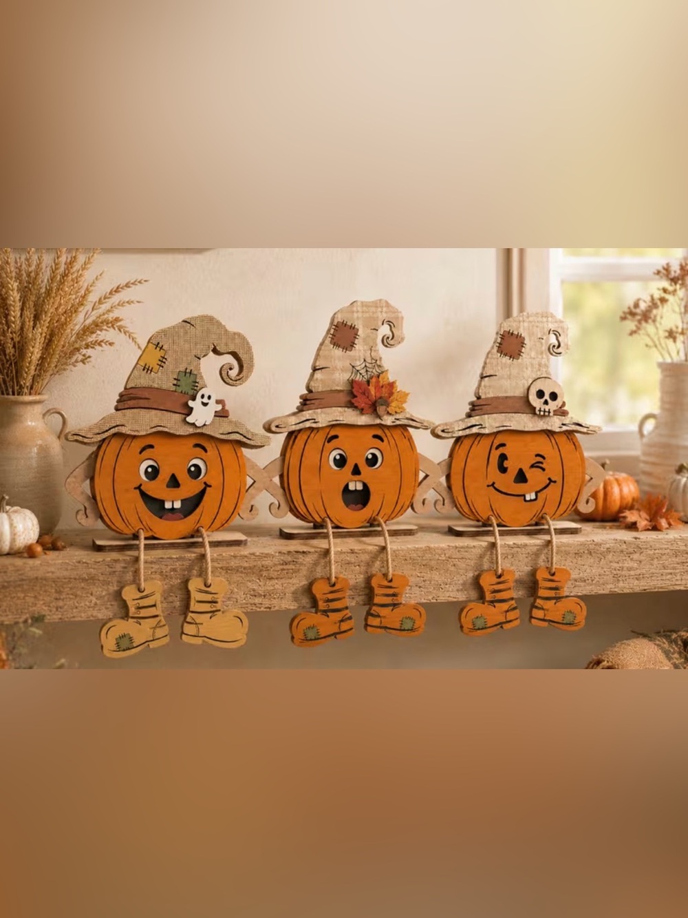 NEW Rustic Pumpkin Shelf Sitter with Witch Hat – Seasonal Home Party Decor